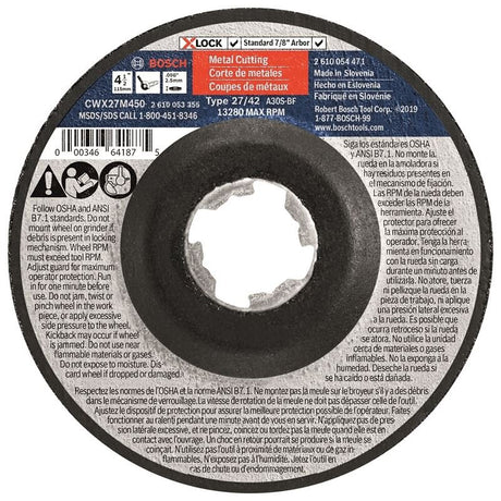 Bosch CWX27M450 4 - 1/2 In. x .098 In. X - LOCK Arbor Type 27A (ISO 42) 30 Grit Metal Cutting and Grinding Abrasive Wheel - Mississauga Hardware Centre IncBOSCHCWX27M450