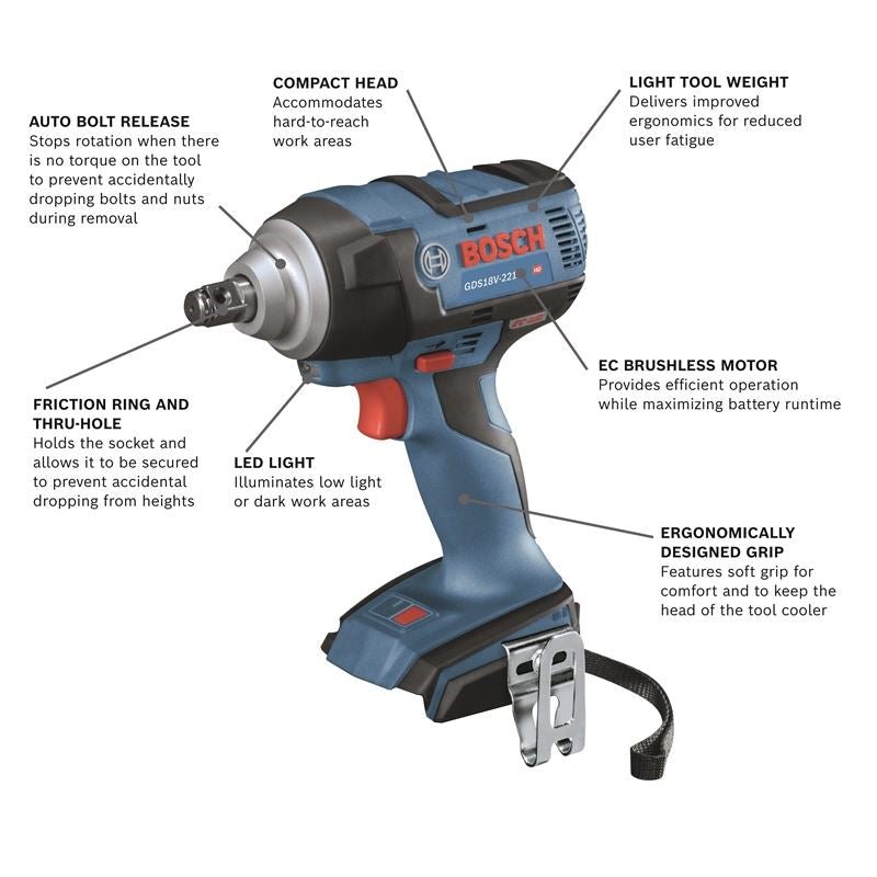 Bosch GDS18V - 221N 18V EC Brushless 1/2 In. Impact Wrench with Friction Ring and Thru - Hole (Bare Tool) - Mississauga Hardware Centre IncBOSCHGDS18V-221N