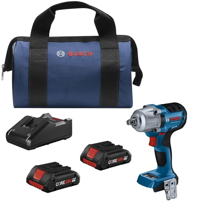 Bosch GDS18V - 330CB25 18V Brushless Connected - Ready 1/2 In. Mid - Torque Impact Wrench Kit with Frictin Ring and Thru - Hole and (2) CORE 18V 4.0 Ah Compact Batteries - Mississauga Hardware Centre IncBoschGDS18V-330CB25
