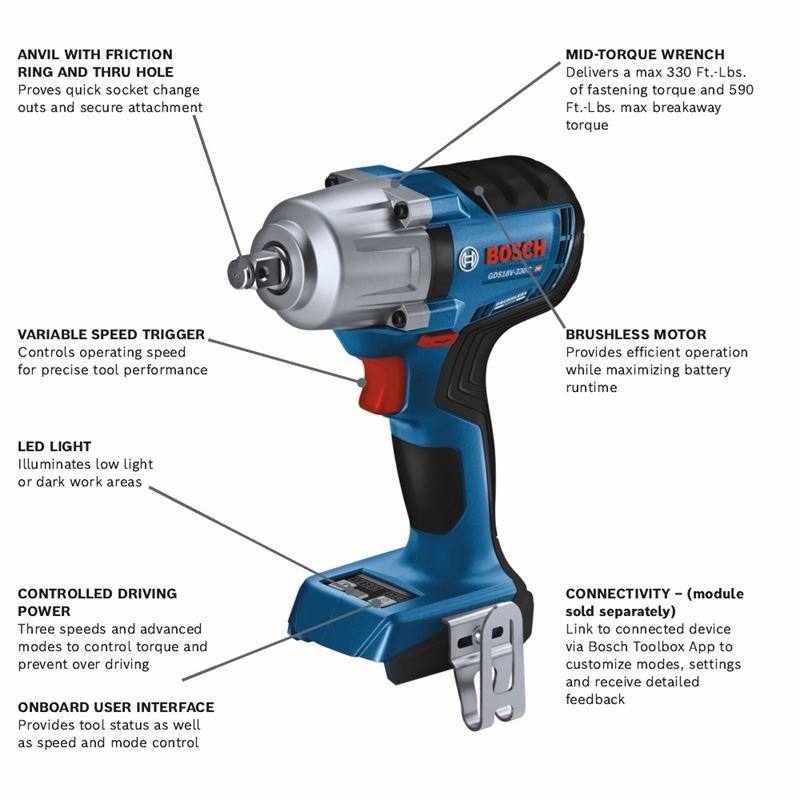 Bosch GDS18V - 330CN 18V Brushless Connected - Ready 1/2 In. Mid - Torque Impact Wrench with Friction Ring and Thru - Hole (Bare Tool) - Mississauga Hardware Centre IncBOSCHGDS18V-330CN