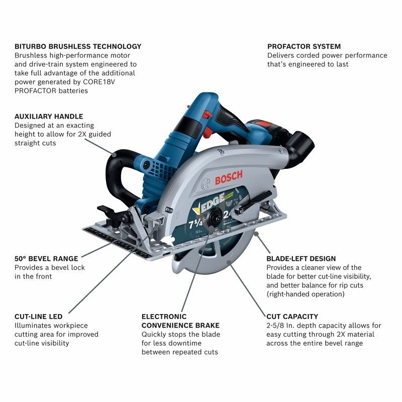 Bosch GKS18V - 26LB14 PROFACTOR 18V Strong Arm 7 - 1/4 In. Blade Left Circular Saw Kit with (1) CORE 18V 8.0 Ah PROFACTOR Performance Battery - Mississauga Hardware Centre IncBOSCHGKS18V-26LB14