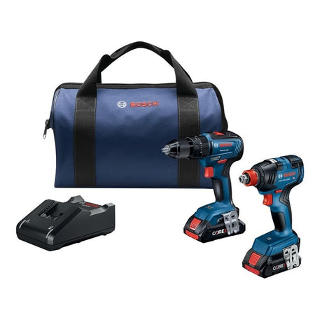 BOSCH GXL18V - 233B25 18V 2 - Tool Combo Kit with 1/2 In. Hammer Drill/Driver, Freak 1/4 In. and 1/2 In. Two - in - One Bit/Socket Impact Driver and (2) CORE18V 4.0 Ah Compact Batteries - Mississauga Hardware Centre IncBOSCHGXL18V-233B25