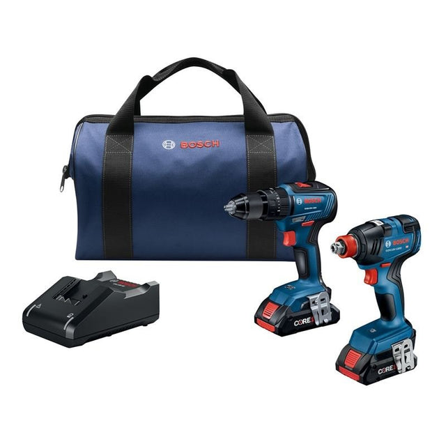 BOSCH GXL18V - 233B25 18V 2 - Tool Combo Kit with 1/2 In. Hammer Drill/Driver, Freak 1/4 In. and 1/2 In. Two - in - One Bit/Socket Impact Driver and (2) CORE18V 4.0 Ah Compact Batteries - Mississauga Hardware Centre IncBOSCHGXL18V-233B25