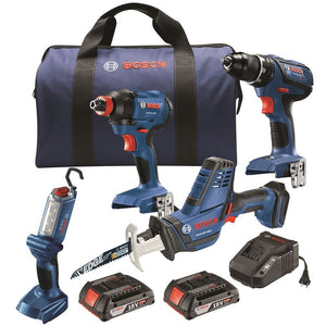 Bosch GXL18V - 496B22 18 V 4 - Tool Combo Kit with Compact Tough 1/2 In. Drill/Driver, 1/4 In. and 1/2 In. Two - In - One Bit/Socket Impact Driver, Compact Reciprocating Saw and LED Worklight - Mississauga Hardware Centre IncBOSCHGXL18V-496B22