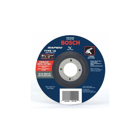 Bosch | TCW1S450 4 - 1/2 In. .040 In. 7/8 In. Arbor Type 1A (ISO 41) 60 Grit Rapido Fast Metal/Stainless Cutting Abrasive Wheel - Mississauga Hardware Centre IncBoschTCW1S450