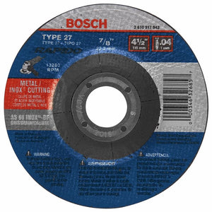 Bosch | TCW27S450 4 - 1/2 In. .045 In. 7/8 In. Arbor Type 27A (ISO 42) 60 Grit Rapido Fast Fast Metal/Stainless Cutting Abrasive Wheel - Mississauga Hardware Centre IncBOSCHTCW27S450