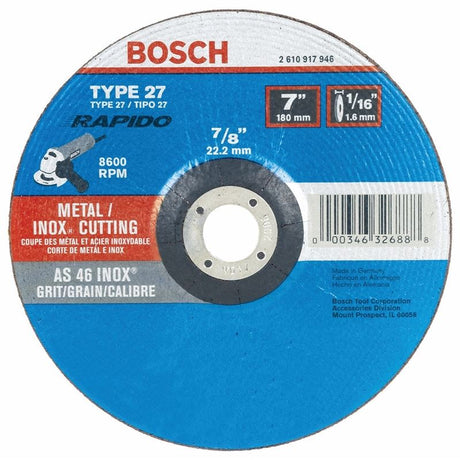 Bosch | TCW27S700 7 In. 1/16 In. 7/8 In. Arbor Type 27A (ISO 42) 46 Grit Rapido Fast Metal/Stainless Cutting Abrasive Wheel - Mississauga Hardware Centre IncBOSCHTCW27S700