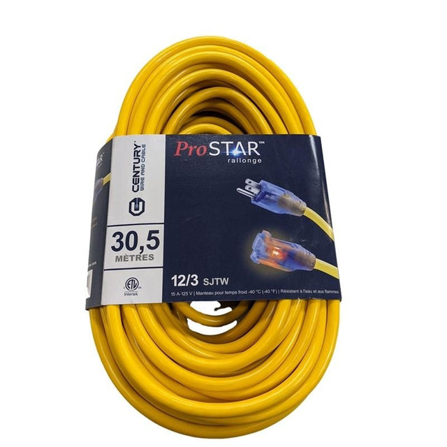 Century Wire D11712100YL 100ft 12/3 SJTW Heavy Duty Lighted Extension Cord - Yellow - Mississauga Hardware Centre Inc