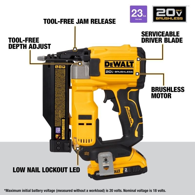 DEWALT DCN623D1 20V MAX XR, 23 GAUGE PIN NAILER - (2.0AH) W/ 1 BATTERY AND BAG - Mississauga Hardware Centre IncDEWALTDCN623D1