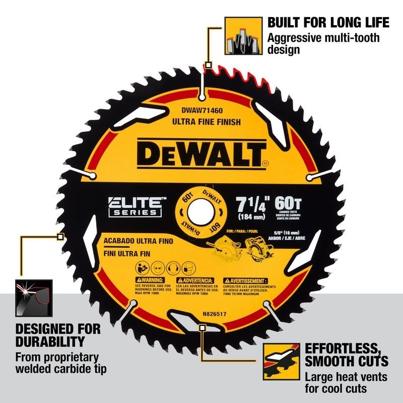 DEWALT DWAW71460 7 - 1/4in 60T ELITE SERIES Circular Saw Blade - Mississauga Hardware Centre IncDEWALTDWAW71460
