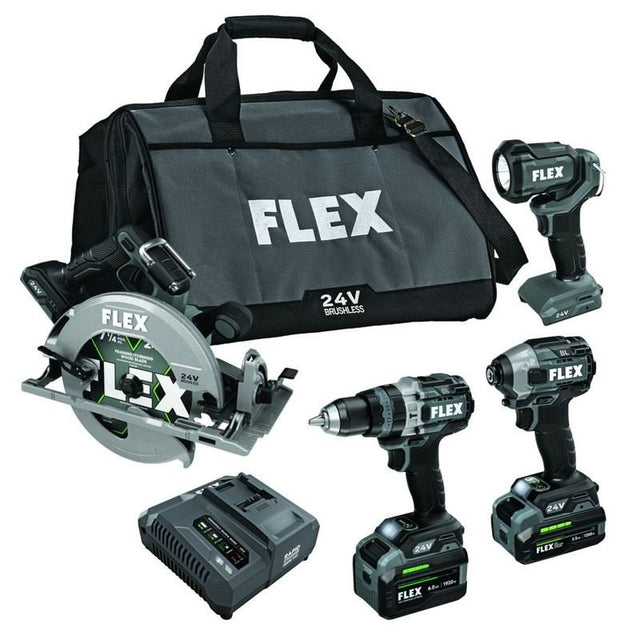 FLEX FXM403 - 2G 24V 4 Tool Stacked - Lithium Kit, Turbo Hammer Drill, Quick Eject Impact Driver, 7 1/4 Circ Saw and Work Light - Mississauga Hardware Centre Inc