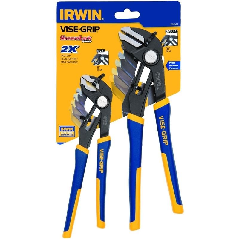 Irwin 1802533 Two - Piece GrooveLock 8 - Inch V - Jaw and 10 - Inch Straight Jaw Pliers Set - Mississauga Hardware Centre Inc
