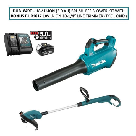 Makita DUB184RT1 18V Li Ion (5.0 Ah) Brushless BLOWER KIT WITH BONUS DUR181Z 18V Li Ion 10 1/4â€ Line Trimmer (Tool Only) - Mississauga Hardware Centre IncMakitaDUB184RT1
