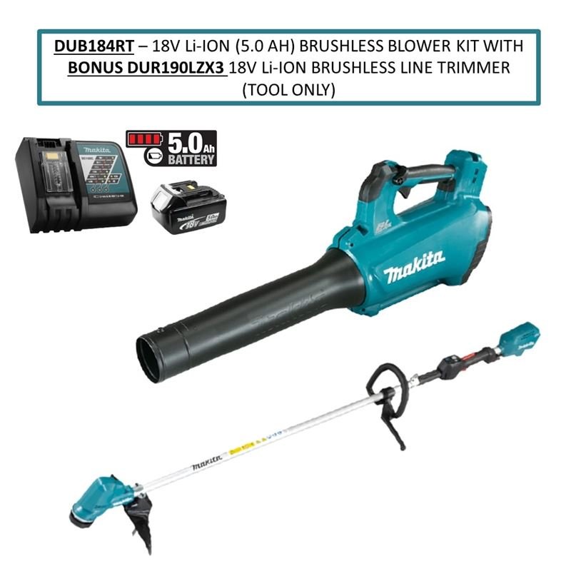 Makita DUB184RT2 18V Li Ion (5.0 Ah) Brushless DUB184RT BLOWER KIT WITH BONUS DUR190LZX3 18V Li Ion Brushless Line Trimmer (Tool Only) - Mississauga Hardware Centre IncMakitaDUB184RT2