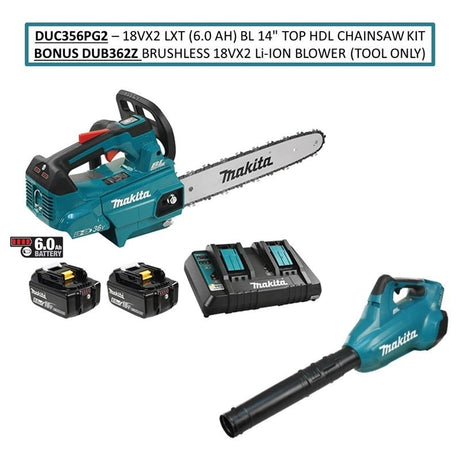 Makita DUC356PG2 18VX2 LXT (6.0 Ah) BL 14in Top Handle Chainsaw - Mississauga Hardware Centre IncMakitaDUC356PG2