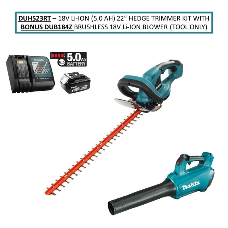 Makita DUH523RT 18V Li Ion (5.0 Ah) 22â€ Hedge Trimmer Kit with Bonus DUB184Z Li Ion Brushless Blower (Tool Only) - Mississauga Hardware Centre IncMakitaDUH523RT