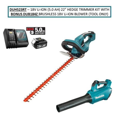 Makita DUH523RT 18V Li Ion (5.0 Ah) 22â€ Hedge Trimmer Kit with Bonus DUB184Z Li Ion Brushless Blower (Tool Only) - Mississauga Hardware Centre IncMakitaDUH523RT
