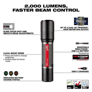 Milwaukee 2162 - 21 RLUSB 2000L SLIDE FOCUS FLASHLIGHT - Mississauga Hardware Centre Inc