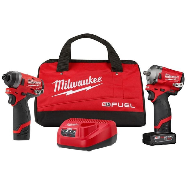Milwaukee 2599 - 22 M12 FUEL 2PC Auto Kit w/ 3/8 - in Stubby Impact Wrench, 1/4 - in Hex Impact Driver - Mississauga Hardware Centre Inc