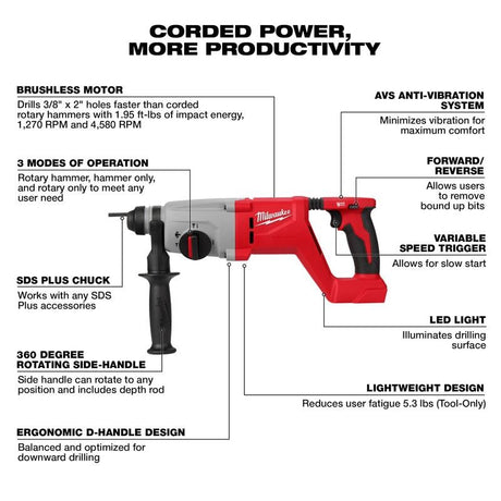 Milwaukee 2613 - 20 M18 Brushless 1in SDS Plus D - Handle Rotary Hammer - Mississauga Hardware Centre Inc