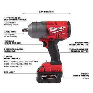 Milwaukee 2767 - 22R M18 FUEL High Torque 1/2in Impact Wrench with Friction Ring Kit - Mississauga Hardware Centre Inc