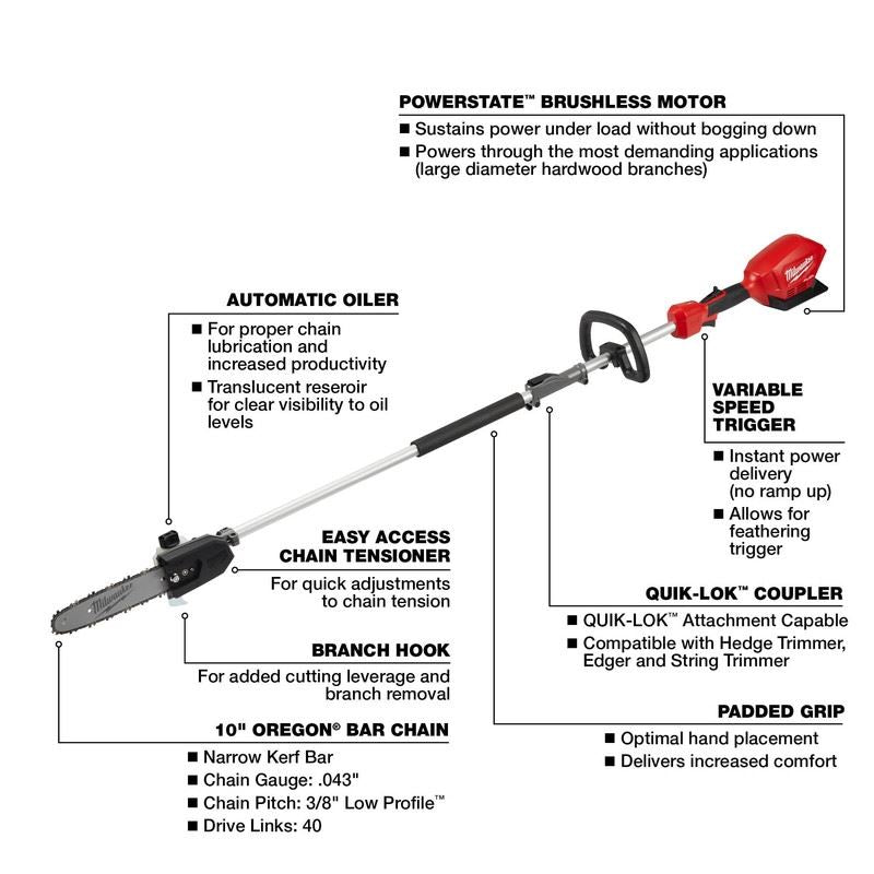 Milwaukee 2825 - 20PS M18 FUEL 10in Pole Saw w/ QUIK - LOK - Mississauga Hardware Centre Inc