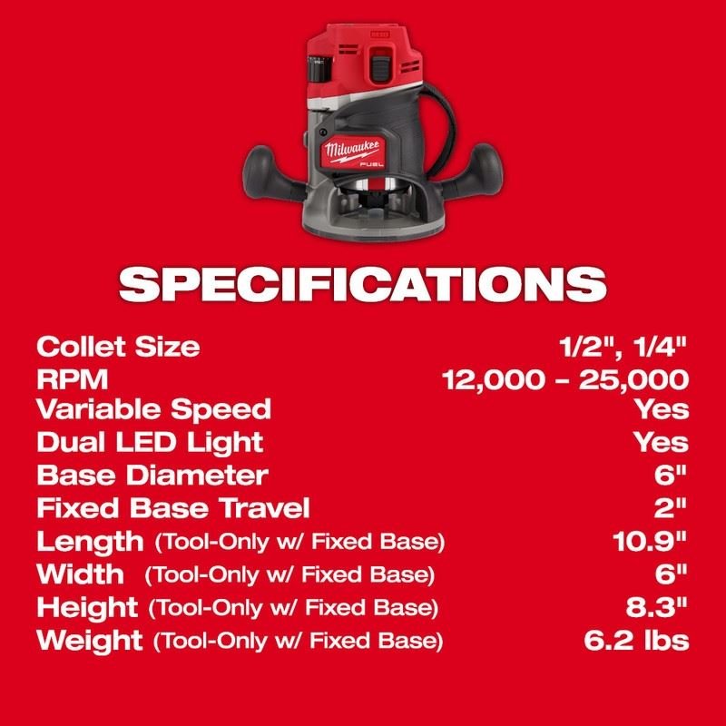 Milwaukee 2838 - 20 M18 FUEL 18 Volt Lithium - Ion Brushless Cordless 1/2in Router - Tool Only - Mississauga Hardware Centre Inc