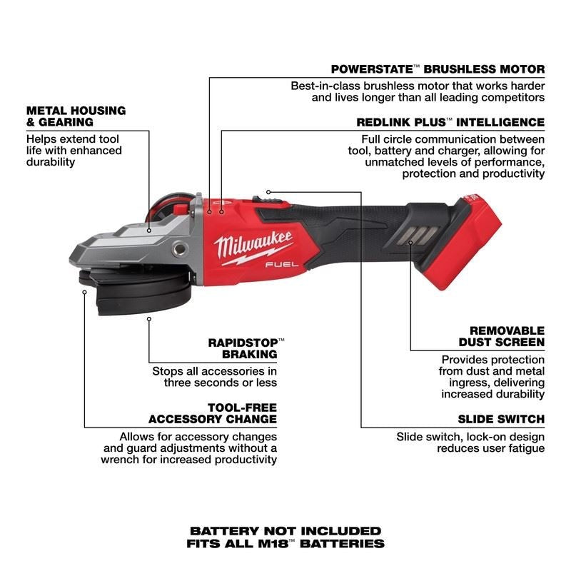 Milwaukee 2887 - 20 M18 FUEL 5in Flathead Braking Grinder, Slide Switch Lock - On - Mississauga Hardware Centre Inc
