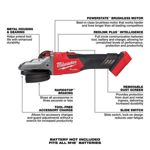 Milwaukee 2887 - 20 M18 FUEL 5in Flathead Braking Grinder, Slide Switch Lock - On - Mississauga Hardware Centre Inc