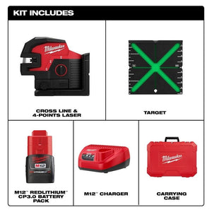 Milwaukee 3624 - 21 M12 Green Cross Line and 4 - Points Laser Kit - Mississauga Hardware Centre Inc
