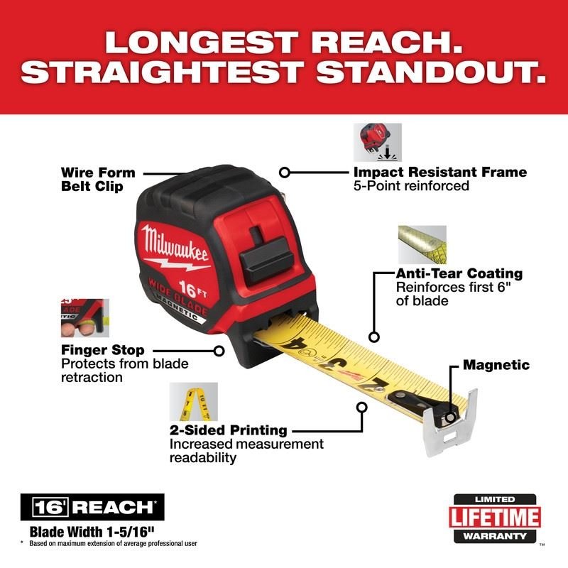 Milwaukee 48 - 22 - 0216M 16ft Wide Blade Magnetic Tape Measure - Mississauga Hardware Centre Inc
