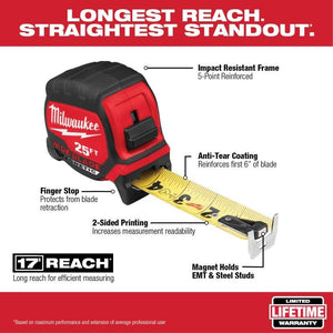 Milwaukee 48 - 22 - 0225M 25 FT Wide Blade Magnetic Tape Measure - Mississauga Hardware Centre Inc