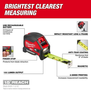 Milwaukee 48 - 22 - 0428 25ft Compact Wide Blade Magnetic Tape Measure w/ Rechargeable 100L Light - Mississauga Hardware Centre Inc