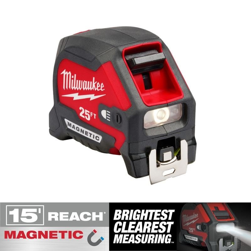 Milwaukee 48 - 22 - 0428 25ft Compact Wide Blade Magnetic Tape Measure w/ Rechargeable 100L Light - Mississauga Hardware Centre Inc