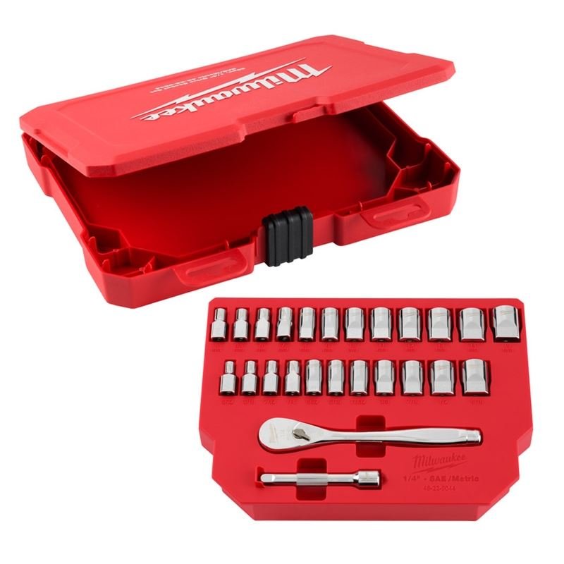Milwaukee 48 - 22 - 9044 25pc 1/4in Drive Metric and SAE Ratchet and Socket Set with FOUR FLAT SIDES - Mississauga Hardware Centre Inc