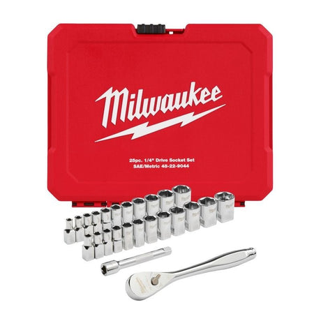 Milwaukee 48 - 22 - 9044 25pc 1/4in Drive Metric and SAE Ratchet and Socket Set with FOUR FLAT SIDES - Mississauga Hardware Centre Inc