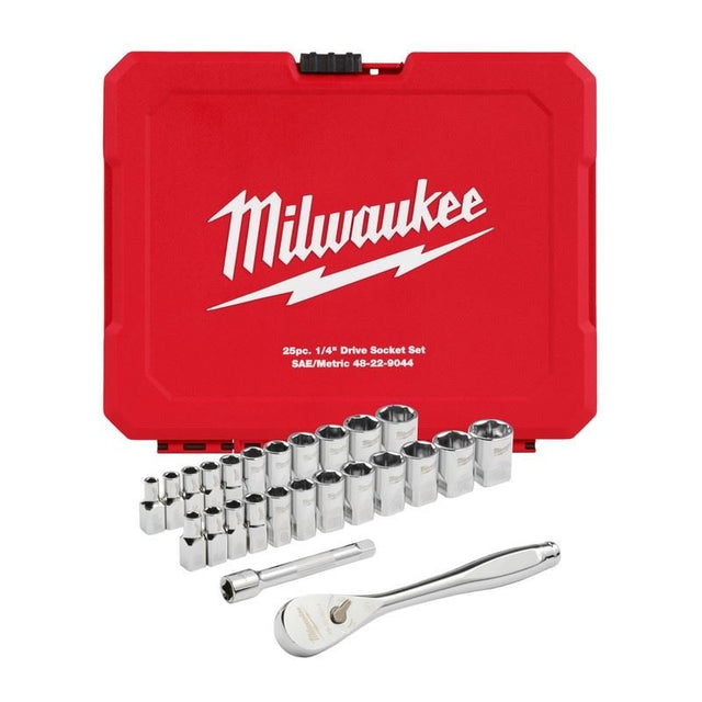 Milwaukee 48 - 22 - 9044 25pc 1/4in Drive Metric and SAE Ratchet and Socket Set with FOUR FLAT SIDES - Mississauga Hardware Centre Inc