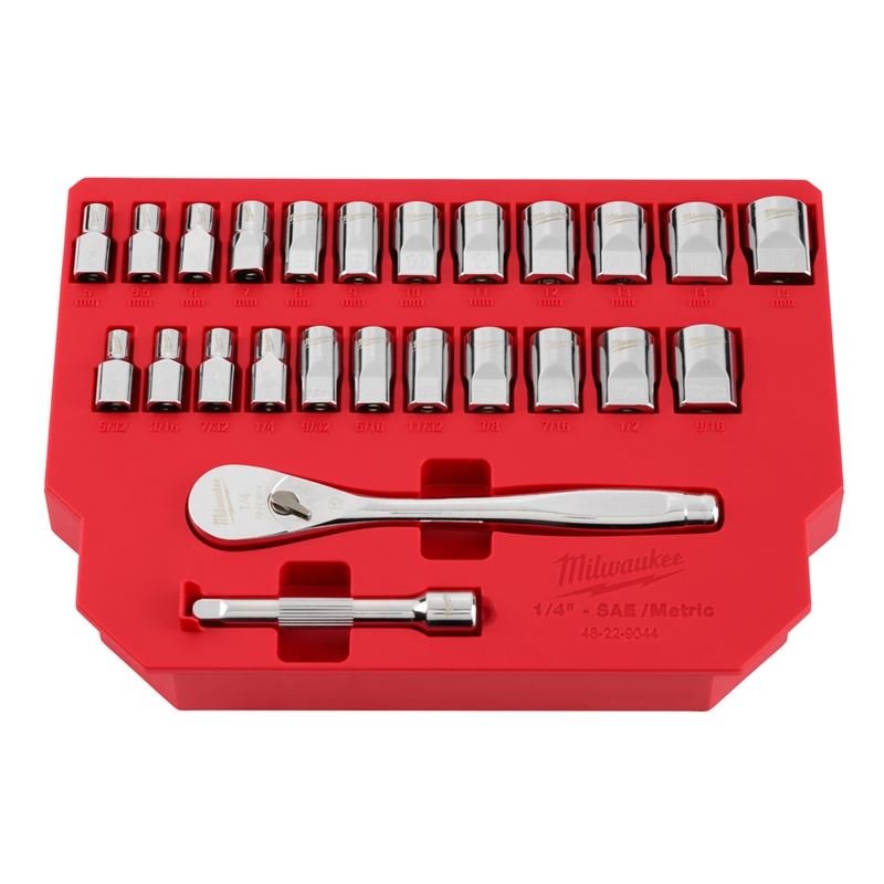 Milwaukee 48 - 22 - 9044 25pc 1/4in Drive Metric and SAE Ratchet and Socket Set with FOUR FLAT SIDES - Mississauga Hardware Centre Inc
