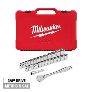 Milwaukee 48 - 22 - 9088 29pc 3/8in Drive Metric and SAE Ratchet and Socket Set with FOUR FLAT SIDES - Mississauga Hardware Centre Inc