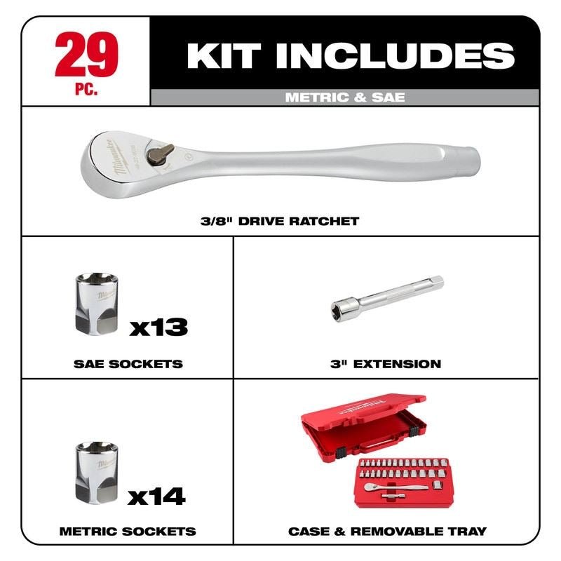 Milwaukee 48 - 22 - 9088 29pc 3/8in Drive Metric and SAE Ratchet and Socket Set with FOUR FLAT SIDES - Mississauga Hardware Centre Inc