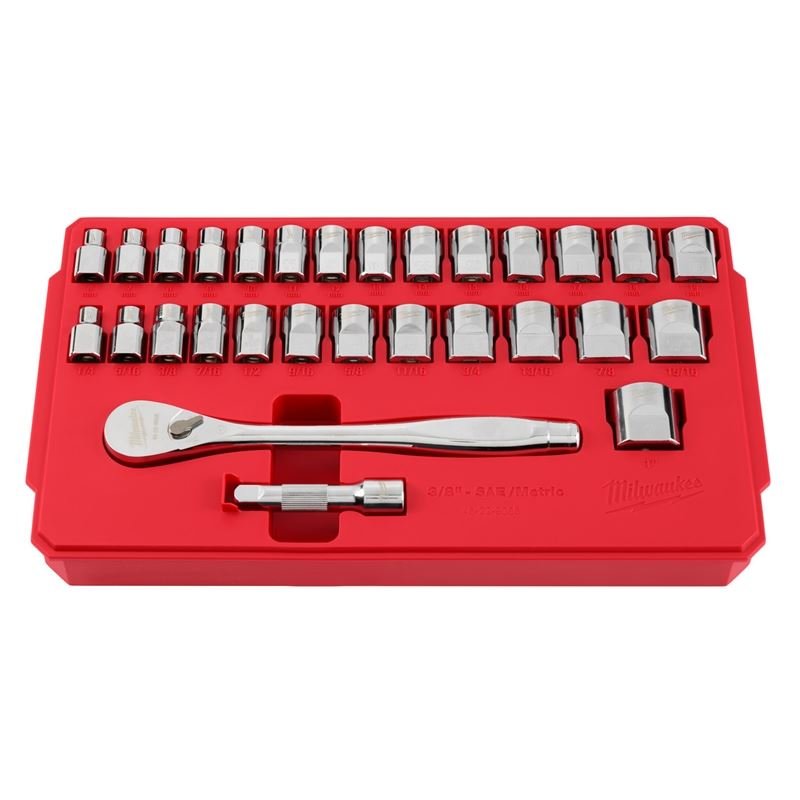 Milwaukee 48 - 22 - 9088 29pc 3/8in Drive Metric and SAE Ratchet and Socket Set with FOUR FLAT SIDES - Mississauga Hardware Centre Inc