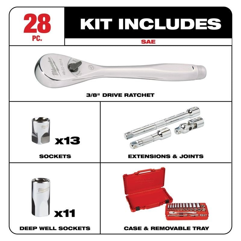 Milwaukee 48 - 22 - 9408 3/8in Drive 28pc Ratchet and Socket Set - SAE - Mississauga Hardware Centre Inc