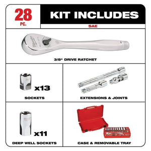 Milwaukee 48 - 22 - 9408 3/8in Drive 28pc Ratchet and Socket Set - SAE - Mississauga Hardware Centre Inc