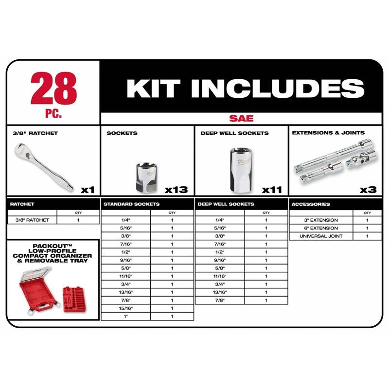 Milwaukee 48 - 22 - 9481 3/8in Drive 28pc Ratchet and Socket Set with PACKOUT Low - Profile Compact Organizer - SAE - Mississauga Hardware Centre Inc
