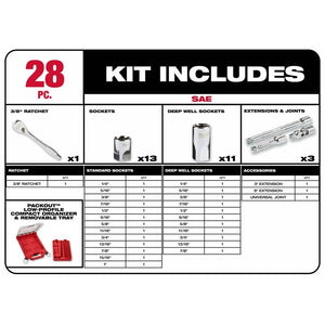 Milwaukee 48 - 22 - 9481 3/8in Drive 28pc Ratchet and Socket Set with PACKOUT Low - Profile Compact Organizer - SAE - Mississauga Hardware Centre Inc