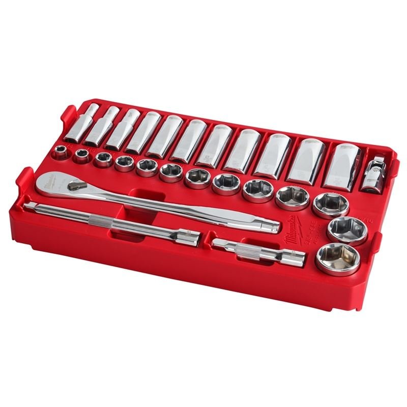 Milwaukee 48 - 22 - 9481 3/8in Drive 28pc Ratchet and Socket Set with PACKOUT Low - Profile Compact Organizer - SAE - Mississauga Hardware Centre Inc