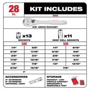 Milwaukee 48 - 22 - 9481 3/8in Drive 28pc Ratchet and Socket Set with PACKOUT Low - Profile Compact Organizer - SAE - Mississauga Hardware Centre Inc