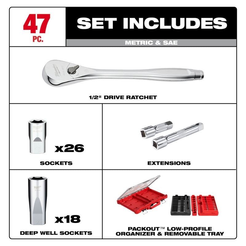 Milwaukee 48 - 22 - 9487 47pc 1/2in Drive Ratchet Socket Set with PACKOUT Organizer - Mississauga Hardware Centre Inc