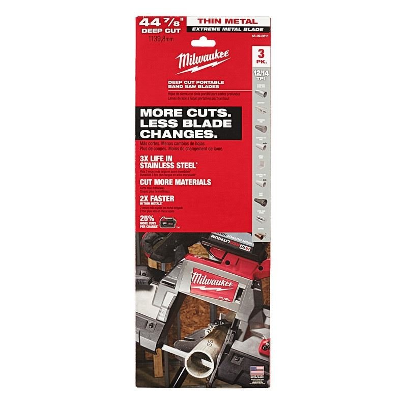 Milwaukee 48 - 39 - 0611 44 - 7/8 in. 12/14 TPI Deep Cut Portable Extreme Thin Metal Cutting Band Saw Blade - 3 Pack - Mississauga Hardware Centre Inc