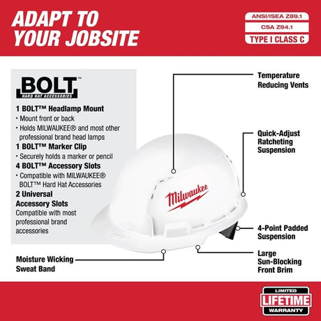 Milwaukee 48 - 73 - 1001 Front Brim Vented Hard Hat with BOLT Accessories - Type 1 Class C (Small Logo) - Mississauga Hardware Centre Inc